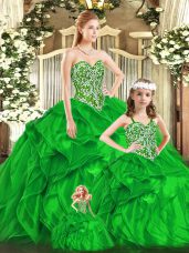 Sweetheart Sleeveless Quinceanera Gown Floor Length Beading and Ruffles Green Organza