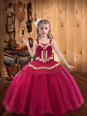 Simple Floor Length Lace Up Kids Pageant Dress Red for Sweet 16 and Quinceanera with Embroidery
