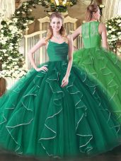 Stunning Floor Length Zipper Quince Ball Gowns Dark Green for Military Ball and Sweet 16 and Quinceanera with Ruffles