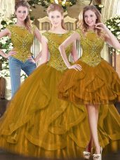 Custom Designed Brown Zipper Quinceanera Dresses Beading and Ruffles Sleeveless Floor Length