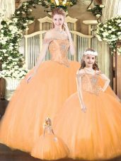 Off The Shoulder Sleeveless Quince Ball Gowns Floor Length Beading Orange Tulle