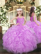 Unique Lilac Ball Gowns Straps Sleeveless Organza Floor Length Lace Up Beading and Ruffles Child Pageant Dress