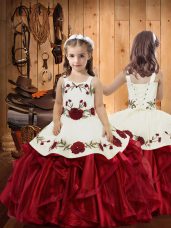 Wine Red Organza Lace Up Straps Sleeveless Floor Length Little Girls Pageant Gowns Embroidery and Ruffles