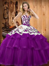 Purple Tulle Lace Up 15 Quinceanera Dress Sleeveless Floor Length Embroidery and Ruffles