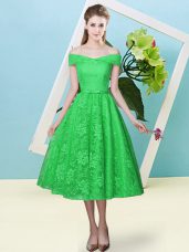 Tea Length Lace Up Bridesmaid Gown Green for Prom and Party and Wedding Party with Bowknot