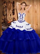 Simple Royal Blue Lace Up Quince Ball Gowns Embroidery and Ruffled Layers Sleeveless Sweep Train
