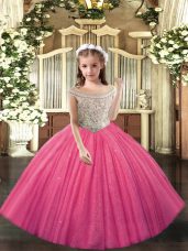 Trendy Hot Pink Tulle Lace Up Off The Shoulder Sleeveless Floor Length Little Girls Pageant Dress Beading