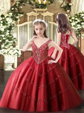 Fancy Sleeveless Floor Length Beading and Appliques Lace Up Little Girls Pageant Dress Wholesale with Red