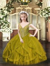 V-neck Sleeveless Little Girl Pageant Dress Floor Length Beading and Ruffles Olive Green Tulle