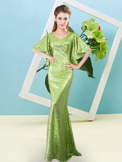 Unique Yellow Green Dress for Prom Prom and Party with Sequins V-neck Half Sleeves Zipper