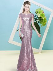 Luxurious Pink Mermaid Scoop Cap Sleeves Sequined Floor Length Zipper Sequins