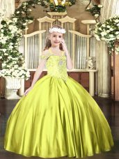 Floor Length Lace Up Pageant Dress for Girls Yellow Green for Party and Quinceanera with Beading