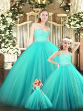 Best Selling Sleeveless Tulle Floor Length Zipper Sweet 16 Dresses in Turquoise with Beading and Lace