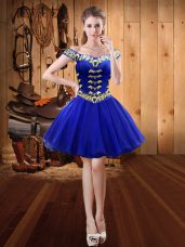 Royal Blue Off The Shoulder Neckline Embroidery Prom Dress Sleeveless Lace Up
