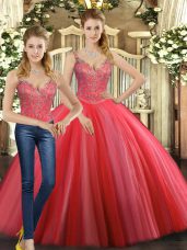 Straps Sleeveless Quinceanera Gowns Floor Length Beading Coral Red Tulle