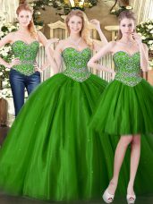 Sleeveless Tulle Floor Length Lace Up Sweet 16 Dresses in Dark Green with Beading