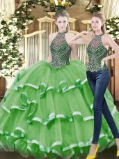Hot Sale Green Ball Gowns Beading and Ruffled Layers Quinceanera Gown Lace Up Organza Sleeveless Floor Length