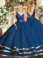 Tulle V-neck Sleeveless Backless Beading and Ruffled Layers Quinceanera Gowns in Teal