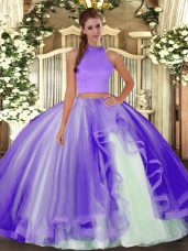 Two Pieces Quinceanera Gown Lavender Halter Top Tulle Sleeveless Floor Length Backless