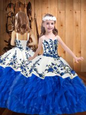 Floor Length Ball Gowns Sleeveless Blue And White Little Girls Pageant Gowns Lace Up