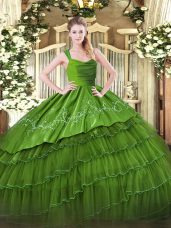 Latest Floor Length Zipper Quince Ball Gowns Olive Green for Military Ball and Sweet 16 and Quinceanera with Embroidery and Ruffled Layers