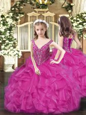 Fashionable Fuchsia V-neck Neckline Beading and Ruffles Custom Made Sleeveless Lace Up