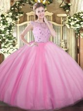 Noble Floor Length Rose Pink Quinceanera Gown Tulle Sleeveless Beading