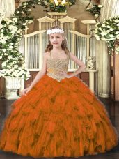 Sleeveless Tulle Floor Length Lace Up Party Dress for Girls in Brown with Beading and Ruffles