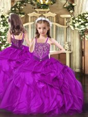 Charming Fuchsia Little Girl Pageant Gowns Party and Quinceanera with Beading and Ruffles Straps Sleeveless Lace Up