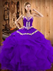 Sweetheart Sleeveless Quinceanera Gowns Floor Length Embroidery and Ruffles Purple Satin and Organza