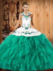 Simple Turquoise Sleeveless Embroidery and Ruffles Floor Length Quinceanera Gown