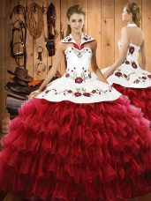 Satin and Organza Halter Top Sleeveless Lace Up Embroidery and Ruffled Layers Sweet 16 Dresses in Wine Red