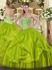 Yellow Green Ball Gowns Sweetheart Sleeveless Organza Floor Length Lace Up Ruffles Quince Ball Gowns