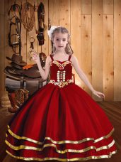 Red Organza Lace Up Straps Sleeveless Floor Length Kids Pageant Dress Beading and Embroidery and Ruffled Layers