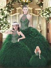 Dark Green Ball Gowns Halter Top Sleeveless Organza Floor Length Lace Up Beading and Ruffles Sweet 16 Quinceanera Dress