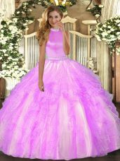 Sleeveless Floor Length Beading and Ruffles Backless Quinceanera Dresses with Lilac
