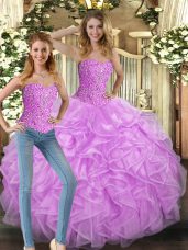 Sleeveless Tulle Floor Length Lace Up Quinceanera Dresses in Lilac with Beading and Ruffles
