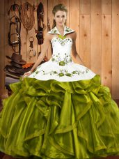 Custom Design Sleeveless Floor Length Embroidery and Ruffles Lace Up 15th Birthday Dress with Olive Green