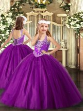 Elegant Floor Length Ball Gowns Sleeveless Purple Little Girl Pageant Gowns Lace Up
