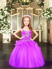 Beading Party Dress for Girls Lilac Lace Up Sleeveless Floor Length
