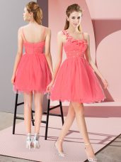 Coral Red Zipper Asymmetric Beading and Hand Made Flower Prom Dresses Organza Sleeveless