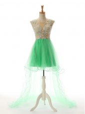 Dramatic Turquoise Sleeveless High Low Appliques Backless Prom Dress