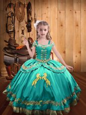 Aqua Blue Off The Shoulder Neckline Beading and Embroidery Little Girl Pageant Gowns Sleeveless Lace Up
