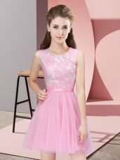 Pink Tulle Side Zipper Quinceanera Court Dresses Sleeveless Mini Length Lace