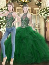 Fancy High-neck Sleeveless Quince Ball Gowns Floor Length Beading and Ruffles Dark Green Organza