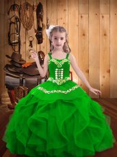 Best Embroidery and Ruffles Kids Pageant Dress Green Lace Up Sleeveless Floor Length