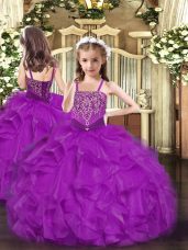 Latest Fuchsia Lace Up Party Dresses Beading and Ruffles Sleeveless Floor Length