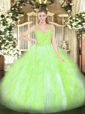 Custom Made Yellow Green Organza Zipper Spaghetti Straps Sleeveless Floor Length Sweet 16 Quinceanera Dress Ruffles