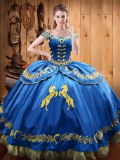 Fancy Blue Off The Shoulder Neckline Beading and Embroidery Ball Gown Prom Dress Sleeveless Lace Up