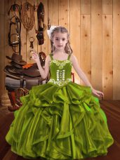 Olive Green Sleeveless Floor Length Embroidery and Ruffles Lace Up Little Girl Pageant Dress